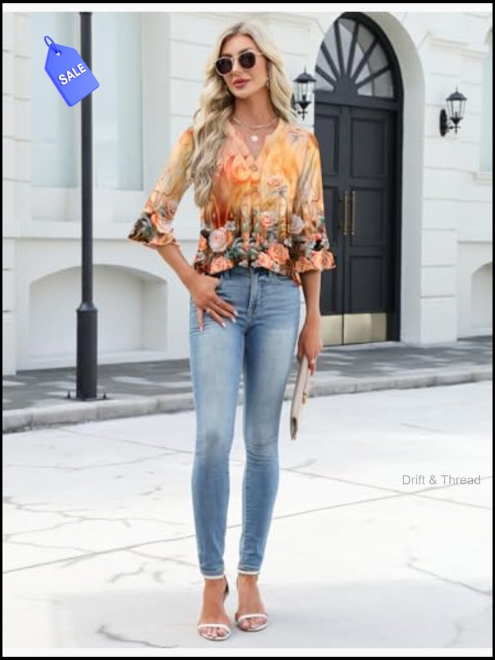 3/4 Sleeve V-Neck Button Down Tunic Tops Women Casual Blouse Ruffle Bell Sleeve - Picture 6 of 7